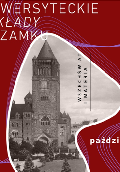 Grafika przedstawia czarno-białe zdjęcie Zamku na bordowym tle. Obok różowe cienkie falujące linie.