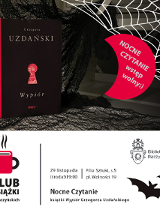 Na czarno-białym tle przypominającym pajęczyny stoi książka Grzegorza Uzdańskiego pod tytułem Wypiór. Na czarnej okładce otwór w kształcie dziurki od klucza w kolorze czerwonym, przez którą widać rysunek męskiej twarzy. Po prawej malinowy półksiężyc. U dołu obrazka informacje o spotkaniu oraz logotyp klubu książki, czerwony kubek przypominający książkę. Z kubka unosi się para.