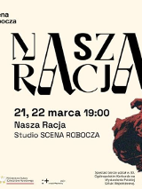 logo Sceny Roboczej, duzy czarny tytul przedstawienia na jasnym tle