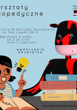 Obrazek do wydarzenia przedstawia rysunek uśmiechniętej dziewczynki, która pisze coś w zeszycie i wpada na pomysł, co sygnalizuje rozświetlona obok żarówka. Obok niej widnieje czarna krowa w kropki bordo oraz stosik książek.
