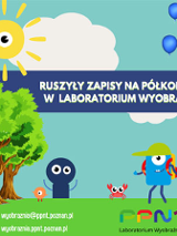 Kolorowa grafika dekoracyjna z informacją o ruszeniu zapisów na półkolonie.
