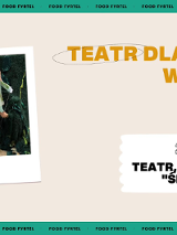 Kukiełki biorące udział w spektaklu po lewej stronie. Po prawej stronie napisy informujące o wydarzeniu.