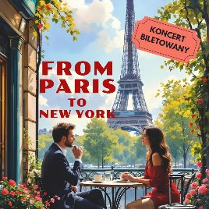 Młoda para elegancko ubrana siedzi przy stoliku, w tle widać wieżę Eiffla.