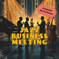 Grupa osób elegancko ubranych, które stoją pomiędzy dużym czarnym fortepianem i saksofonem, napisy informujące o wydarzeniu.