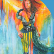 Sylwetka kobiety na kolorowym tle.