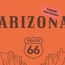 Czarny napis "Arizona - Route 66" na ciemnym pomarańczowym tle.