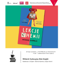 Okładka książki "Lekcje chemii". W tle kwadraty w kolorach okładki: zielonym, żółtym, czerwonym i niebieskim.
