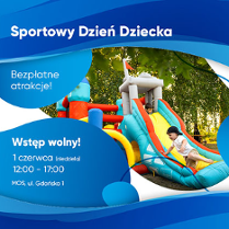 Po prawej dzieci zjeżdżają ze zjeżdżalni, po lewej dziewczynki kręcą hula-hop. Białe napisy na niebieskim tle.