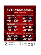 Plakat 1/16 finału Mistrzostw Polski Juniorów Młodszych w piłce ręcznej - grafika przedstwiającaa harmonogram meczów w turnieju piłki ręcznej. Od góry prezentowane są po 2 mecze każdego dnia - w piątek, sobotę i niedzielę z podaniem godziny, nazwy klubu i logotypu. Całość znajduje się na czerwono-czarnym tle, a na dole umieszczone zostały logotypy partnerów
