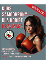 Plakat Bezpłatnego Kursu Samoobrony dla Kobiet - KRAV MAGA - w środku kobieta w ciemnych włosach z czerwonymi rękawicami na rękach. Z lewej strony logotyp organizatora, a powyżej biało-czerwony tytuł zajęć. Poniżej biały napis z terminem i lokalizacją