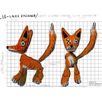 na kartce w kratkę naryzowany odręcznie rudy lis w dwóch pozycjach: przodem i bokiem. Wokół niego dopisane odręcznie informacje ja ma wyglądać i z czego ma być zrobiony.