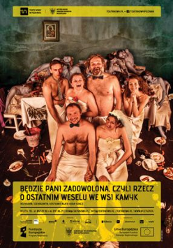 Plakat z informacjami o spektaklu oraz zdjęcie aktorów stojących w grupie, rozebranych i częściowo okrytych prześcieradłami.