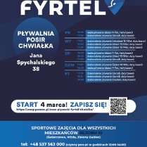 Na plakacie widnieje logo projektu, harmonogram zajęć w ramach jego realizowany na basenie Chwiałka w Poznaniu. Ponadto widać dane kontaktowe oraz informację tym, dla kogo przeznaczony jest projekt.