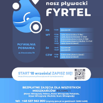 Na plakacie widnieje logo projektu, harmonogram zajęć w ramach jego realizowany na basenie Posnania w Poznaniu. Ponadto widać dane kontaktowe oraz informację tym, dla kogo przeznaczony jest projekt.