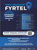 Na plakacie widnieje logo projektu, harmonogram zajęć w ramach jego realizowany na basenie Posnania w Poznaniu. Ponadto widać dane kontaktowe oraz informację tym, dla kogo przeznaczony jest projekt.