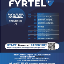 Na plakacie widnieje logo projektu, harmonogram zajęć w ramach jego realizowany na basenie Posnania w Poznaniu. Ponadto widać dane kontaktowe oraz informację tym, dla kogo przeznaczony jest projekt.