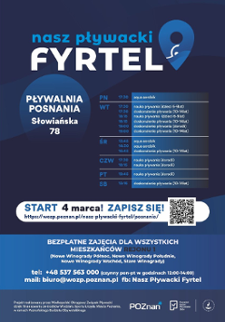 Na plakacie widnieje logo projektu, harmonogram zajęć w ramach jego realizowany na basenie Posnania w Poznaniu. Ponadto widać dane kontaktowe oraz informację tym, dla kogo przeznaczony jest projekt.