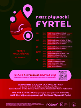 Na plakacie widnieje logo projektu, harmonogram zajęć w ramach jego realizowany na Termach Maltańskich w Poznaniu. Ponadto widać dane kontaktowe oraz informację tym, dla kogo przeznaczony jest projekt.