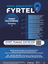 Na plakacie widnieje logo projektu, harmonogram zajęć w ramach jego realizowany na Termach Maltańskich w Poznaniu. Ponadto widać dane kontaktowe oraz informację tym, dla kogo przeznaczony jest projekt.