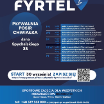 Na plakacie widnieje logo projektu, harmonogram zajęć w ramach jego realizowany na basenie Chwiałka w Poznaniu. Ponadto widać dane kontaktowe oraz informację tym, dla kogo przeznaczony jest projekt.