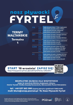 Na plakacie widnieje grafik zajęć projektu Nasz Pływacki Fyrtel odbywającego się na Termach, kod QR, link do strony oraz dane kontaktowe.