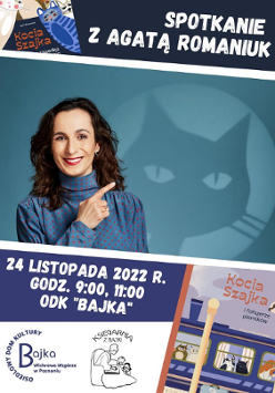 Po lewej uśmiechnięta brunetka wskazująca na grafike kota za nią. Na dole informacje o wydarzeniu.