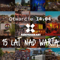 Kolaż zdjęć z różnych wydarzeń KontenerART. Po środku białe napisy.