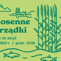 Zielony plakat rysunkowy z wodorostami i rybami. Pomiędzy informacje o wydarzeniu.