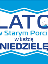 Biało niebieski plakat z granatowym napisem po środku, a po jego bokach palmy.