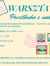 Niebieskie napisy na zółtym tle. Po prawej rysunkowe znaczki pocztowe.