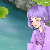 Dzieczyna w fioletowych włosach i kimonie siedzi nad stawem porośniętm różowymi liliami. Za nią ścieżka i zieleń.