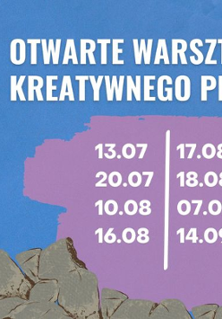 W dolnm lewym rogu mężczyzna rzeźbiący napisy w kamieniu, a nad nim chmurka jego myśli z maszyną do pisania. Obok napisy informacyjne o wydarzeniu.