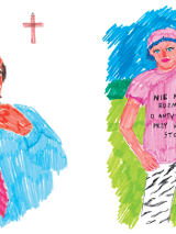 Rysunek po lewej mężczyzny w krawcie i z butelką w ręku, a po prawej dziewczyna w różowej bluzce i białych spodniach.