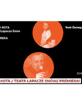 na czarnym tle dwa pomarańczowe koła z postaciami artystów oraz informacjami o spektaklu