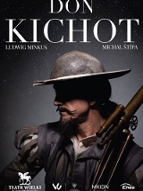 Zdjęcie mężczyzny z wąsem w kapeluszu, na górze plakatu tytuł spektaklu "Don Kichot".