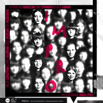 Grafika przedstawia czarno-białe twarze, większość niewyraźnych. Wyraźne jest tylko tylko kilka z nich, ułożone w dwie kolumny. Pomiędzy nimi czerwone litery układające sie w pionowy napis IMPRO. Po bokach informacje o spetkalu.