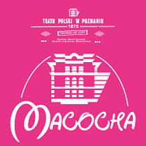 Fragment plakatu - na ciemno różowym tle biały napis "Macocha" i rysunek budynku.