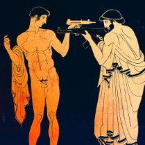Grafika przedstawiająca dwóch mężczyzn, jeden nagi, drugi w szatach z czasów antycznych. Mężczyźni stoją naprzeciw siebie z wymierzoną w siebie nawzajem bronią.