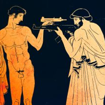 Grafika przedstawiająca dwóch mężczyzn, jeden nagi, drugi w szatach z czasów antycznych. Mężczyźni stoją naprzeciw siebie z wymierzoną w siebie nawzajem bronią.