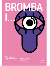 Na różowym tle fioletowy kształt dziurki od klucza a w nim rysunek oka. Na plakacie również informacje o spektaklu.