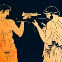 Grafika przedstawiająca dwóch mężczyzn, jeden nagi, drugi w szatach z czasów antycznych. Mężczyźni stoją naprzeciw siebie z wymierzoną w siebie nawzajem bronią.