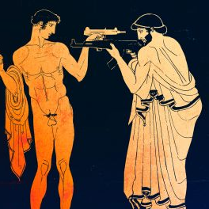 Grafika przedstawiająca dwóch mężczyzn, jeden nagi, drugi w szatach z czasów antycznych. Mężczyźni stoją naprzeciw siebie z wymierzoną w siebie nawzajem bronią.