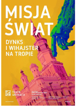 Na ciemnożółtym tle widoczny budynek ratusza w kolorze ciemnoróżowym pochylony w lewą stronę, nad nim dłoń robota. Na plakacie również informacje o spektaklu: tytuł, autorzy.