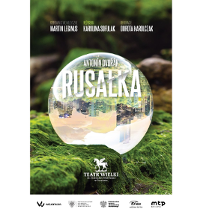 Na zielonym mchu leży szklana kula, w której odbija się obraz fragmentu miasta z drapaczami chmur odwrócony o 180 stopni. Na kupi i ponad nią białe napisy z informacjami o spektaklu.