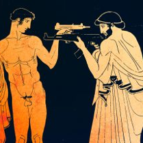 Grafika przedstawiająca dwóch mężczyzn, jeden nagi, drugi w szatach z czasów antycznych. Mężczyźni stoją naprzeciw siebie z wymierzoną w siebie nawzajem bronią.