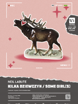 Plakat w różowo szarych barwach. Na różowym tle figurka ryczącego jelenia. Na dole plakatu informacje o przedstawieniu.