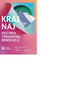 Plakat w kolorze różowo-pomarańczowym, jego część podnosi się jak kartka ukazując pod spodem fragment zielonego koła, na nim białej chmury, a na nich niebieskiego trójkąta