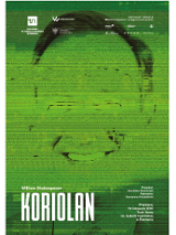 Zielony zamazany obraz, na którym widoczna jest twarz śmiejacego się mężczyzny. Na górze i na dole plakatu informacje o spektaklu.