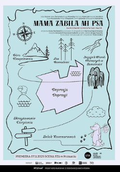 Plakat wyglądajacy jak okładka książki. Na nim, na jasnym niebieskozielonym tle, narysowane różne miejsca wraz z opisami sugerującymi smutek, depresję, na przykład: las beznadziei. Pośrodku na białym tle napis Depresja depresji.