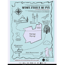 Plakat wyglądajacy jak okładka książki. Na nim, na jasnym niebieskozielonym tle, narysowane różne miejsca wraz z opisami sugerującymi smutek, depresję, na przykład: las beznadziei. Pośrodku na białym tle napis Depresja depresji.